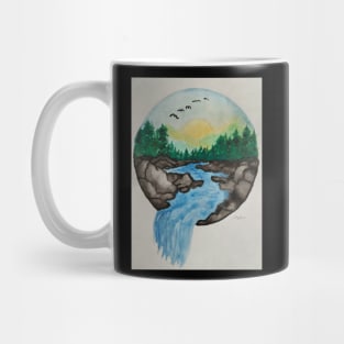 A flock of birds flying high above falling water Mug